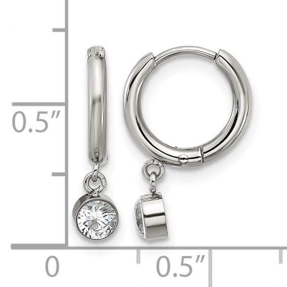 Chisel Stainless Steel Polished White Zircon Dangle Hinged Hoop Earrings
