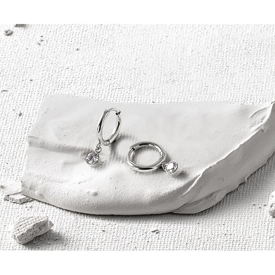 Chisel Stainless Steel Polished White Zircon Dangle Hinged Hoop Earrings