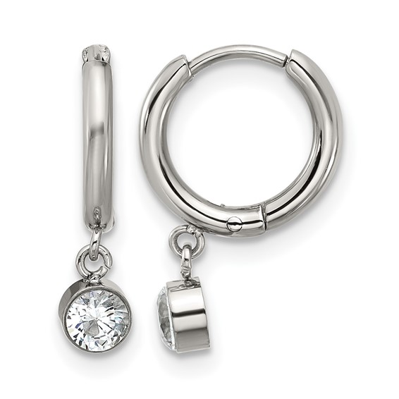 Chisel Stainless Steel Polished White Zircon Dangle Hinged Hoop Earrings