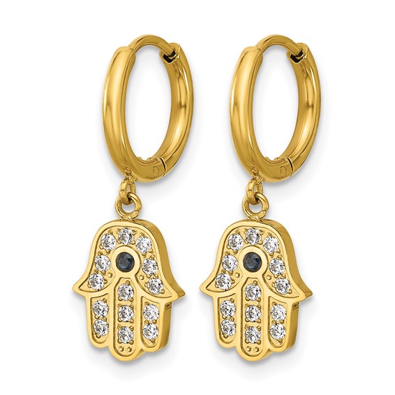 Chisel Stainless Steel Polished Yellow IP-plated Blue and White Zircon Hamsa Dangle Hinged Hoop Earrings