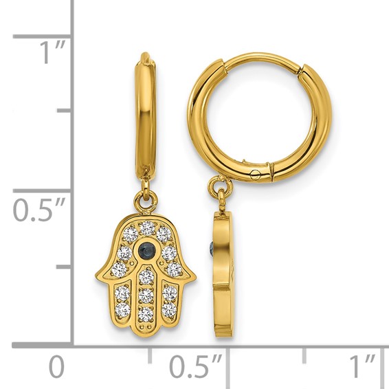 Chisel Stainless Steel Polished Yellow IP-plated Blue and White Zircon Hamsa Dangle Hinged Hoop Earrings