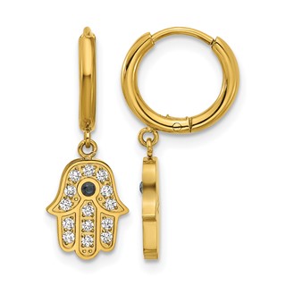 Chisel Stainless Steel Polished Yellow IP-plated Blue and White Zircon Hamsa Dangle Hinged Hoop Earrings