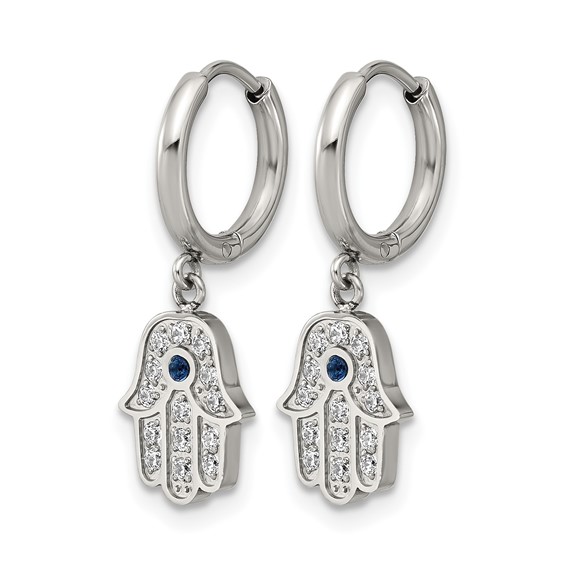 Chisel Stainless Steel Polished Blue and White Zircon Hamsa Dangle Hinged Hoop Earrings
