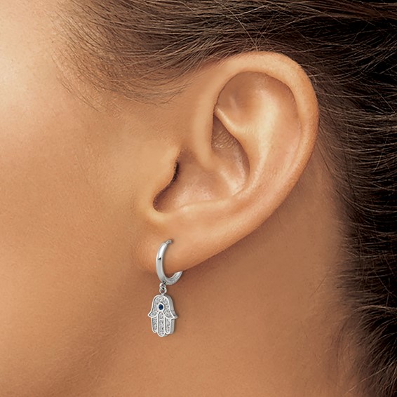 Chisel Stainless Steel Polished Blue and White Zircon Hamsa Dangle Hinged Hoop Earrings