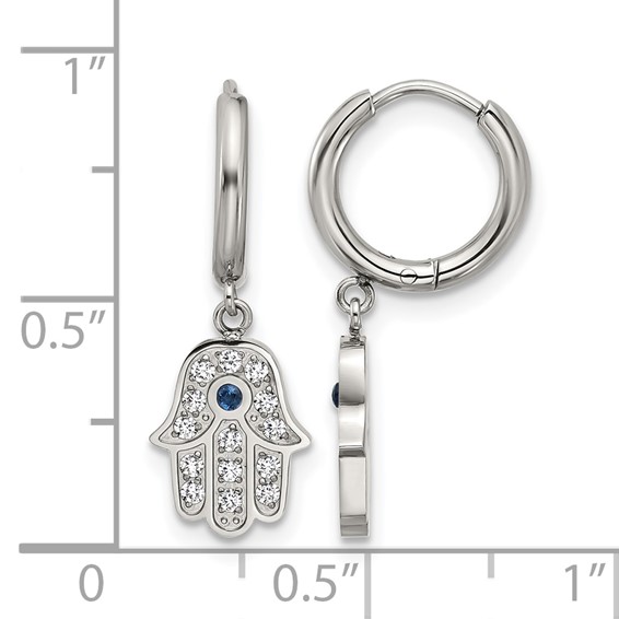 Chisel Stainless Steel Polished Blue and White Zircon Hamsa Dangle Hinged Hoop Earrings