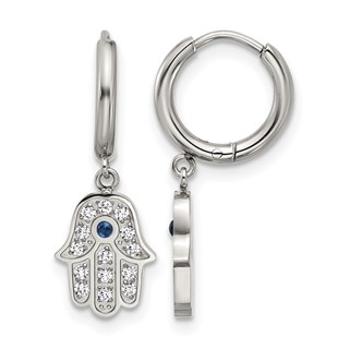 Chisel Stainless Steel Polished Blue and White Zircon Hamsa Dangle Hinged Hoop Earrings