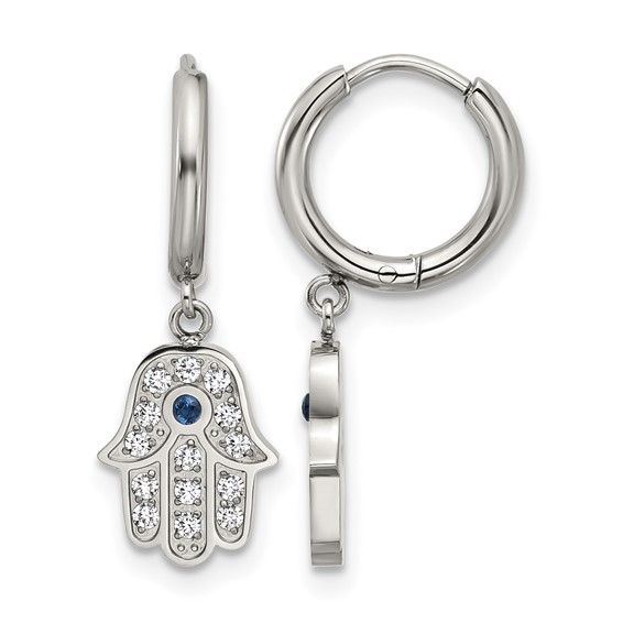 Chisel Stainless Steel Polished Blue and White Zircon Hamsa Dangle Hinged Hoop Earrings