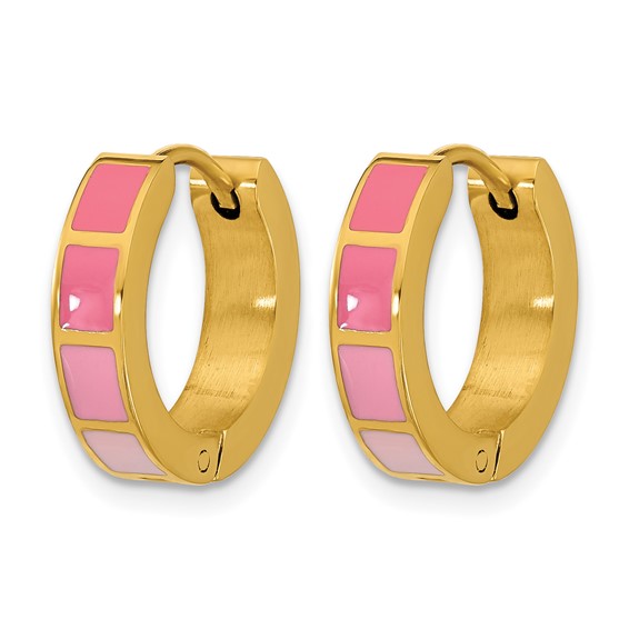 Stainless Steel Polished Yellow IP-plated Pink Enameled Hinged Hoop Earring