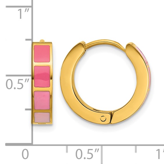 Stainless Steel Polished Yellow IP-plated Pink Enameled Hinged Hoop Earring
