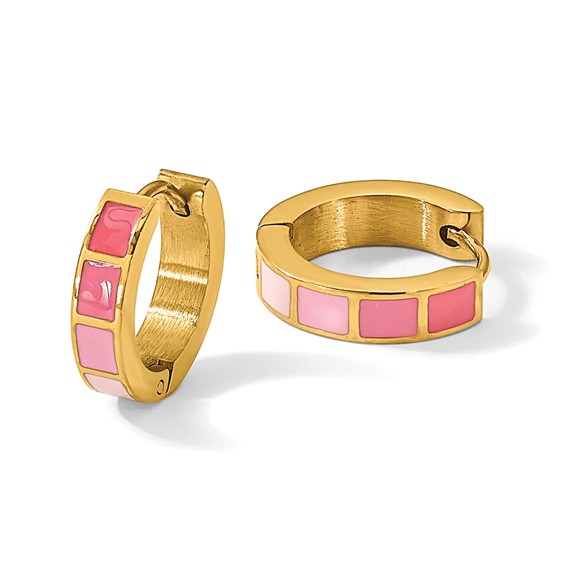 Stainless Steel Polished Yellow IP-plated Pink Enameled Hinged Hoop Earring