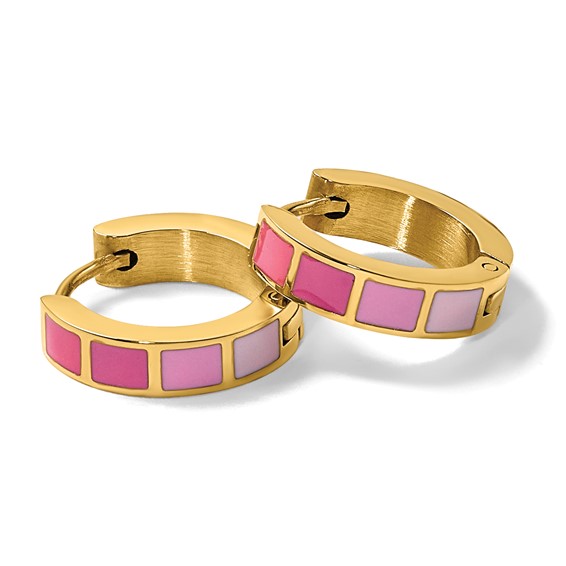 Stainless Steel Polished Yellow IP-plated Pink Enameled Hinged Hoop Earring