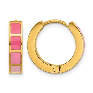 Stainless Steel Polished Yellow IP-plated Pink Enameled Hinged Hoop Earring