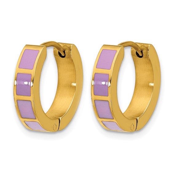 Stainless Steel Polished Yellow IP-plated Purple Enameled Hinged Hoop Earri
