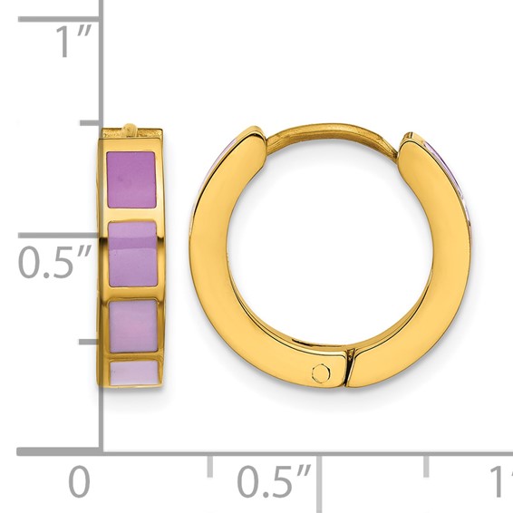 Stainless Steel Polished Yellow IP-plated Purple Enameled Hinged Hoop Earri