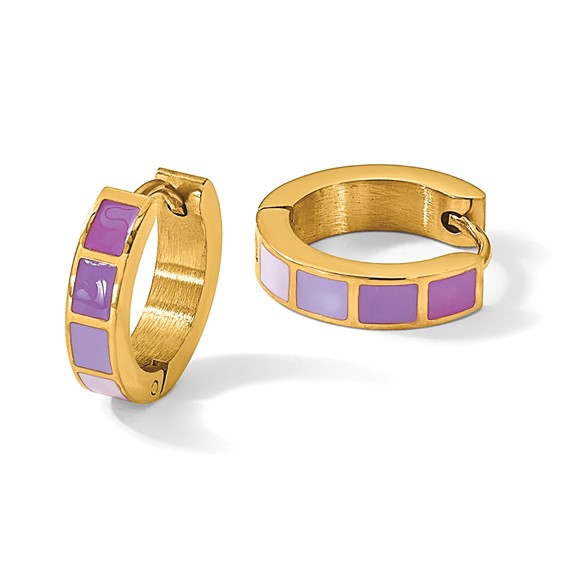 Stainless Steel Polished Yellow IP-plated Purple Enameled Hinged Hoop Earri