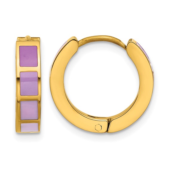 Stainless Steel Polished Yellow IP-plated Purple Enameled Hinged Hoop Earri