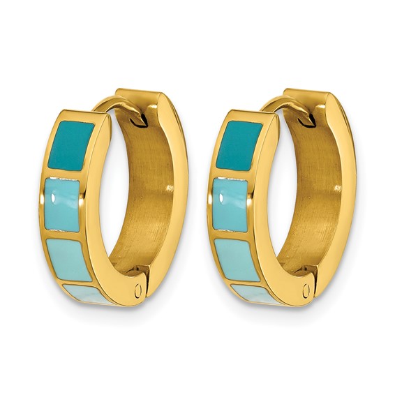 Stainless Steel Polished Yellow IP-plated Blue Enameled Hinged Hoop Earring