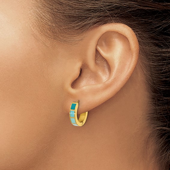 Stainless Steel Polished Yellow IP-plated Blue Enameled Hinged Hoop Earring