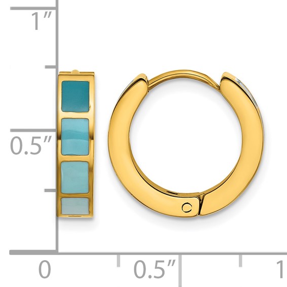 Stainless Steel Polished Yellow IP-plated Blue Enameled Hinged Hoop Earring
