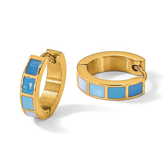 Stainless Steel Polished Yellow IP-plated Blue Enameled Hinged Hoop Earring