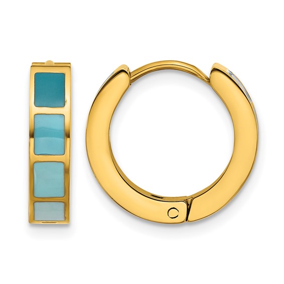 Stainless Steel Polished Yellow IP-plated Blue Enameled Hinged Hoop Earring