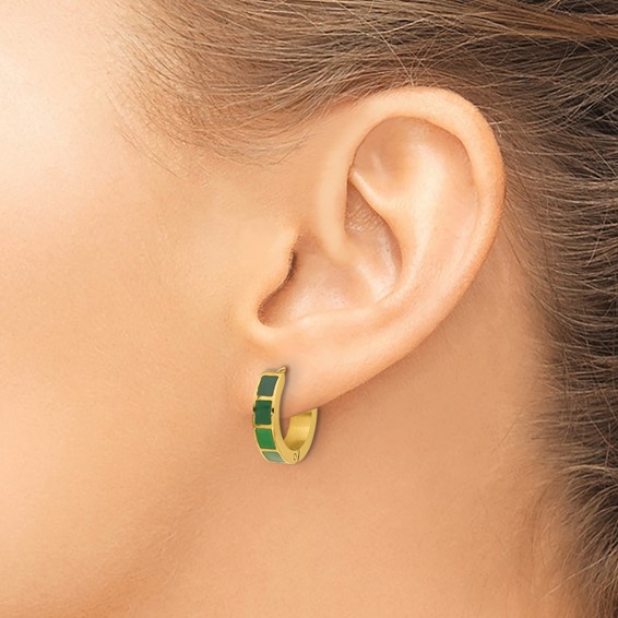 Stainless Steel Polished Yellow IP-plated Green Enameled Hinged Hoop Earrings
