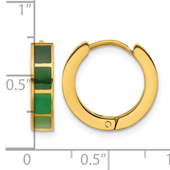 Stainless Steel Polished Yellow IP-plated Green Enameled Hinged Hoop Earrings