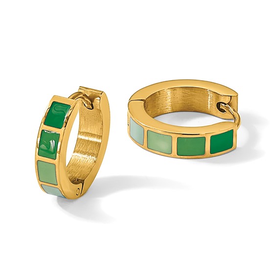 Stainless Steel Polished Yellow IP-plated Green Enameled Hinged Hoop Earrings
