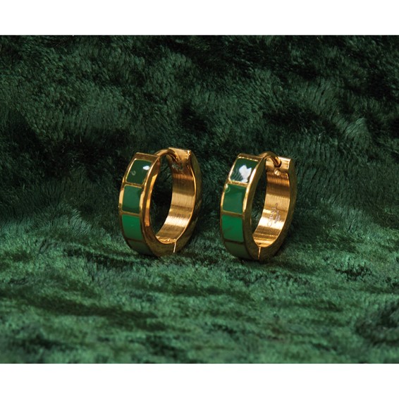 Stainless Steel Polished Yellow IP-plated Green Enameled Hinged Hoop Earrings