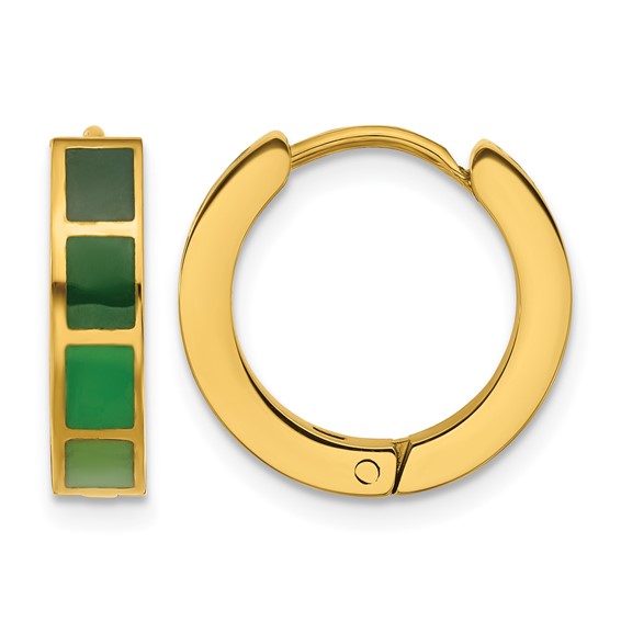 Stainless Steel Polished Yellow IP-plated Green Enameled Hinged Hoop Earrings