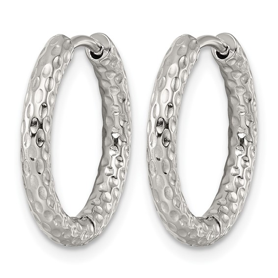 Stainless Steel Polished Textured Round Hinged Hoop Earrings