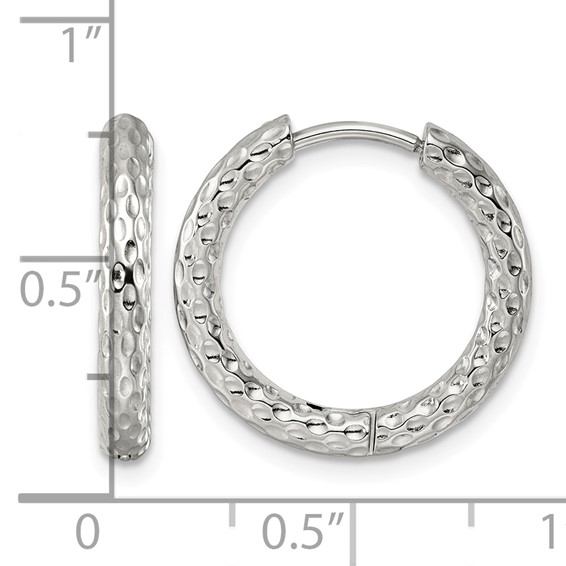 Stainless Steel Polished Textured Round Hinged Hoop Earrings
