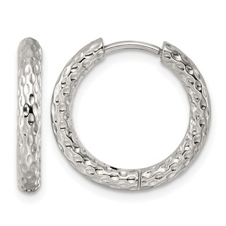 Stainless Steel Polished Textured Round Hinged Hoop Earrings
