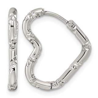 Stainless Steel Polished Bamboo Texture Heart Hinged Hoop Earrings