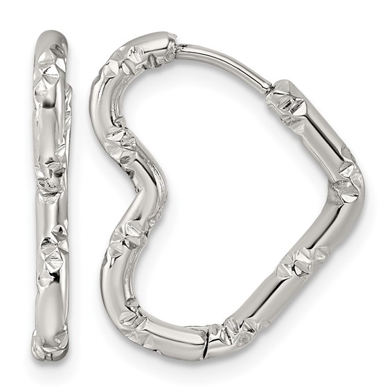 Stainless Steel Polished Bamboo Texture Heart Hinged Hoop Earrings