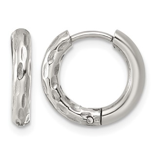 Stainless Steel Polished and Textured Circle Hinged Hoop Earrings
