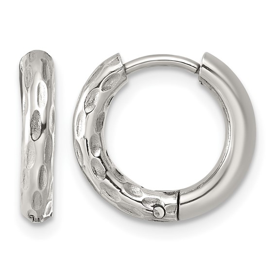 Stainless Steel Polished and Textured Circle Hinged Hoop Earrings