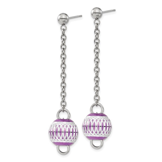 Stainless Steel Purple IP-plated Diamond-cut Bead Post Dangle Earrings