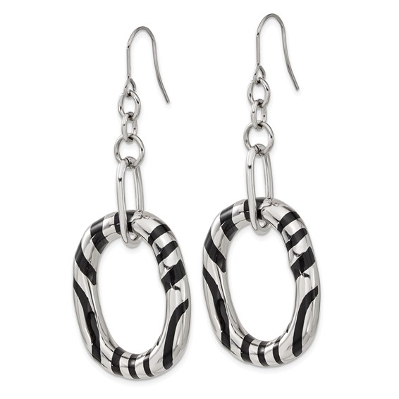 Stainless Steel Black Enamel Striped Oval Dangle Earrings