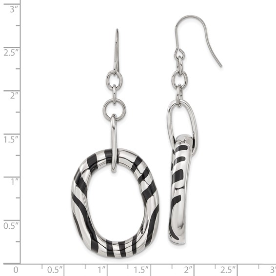 Stainless Steel Black Enamel Striped Oval Dangle Earrings