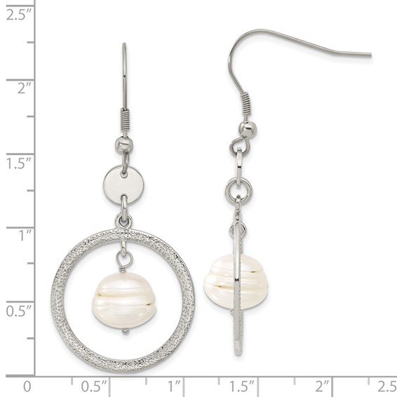 Stainless Steel FW Cultured Pearl Circle Dangle Earrings