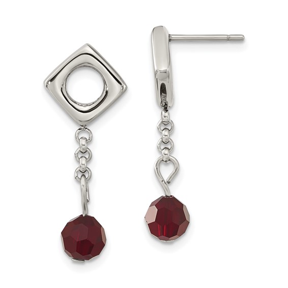 Stainless Steel Red Crystal Post Dangle Earrings