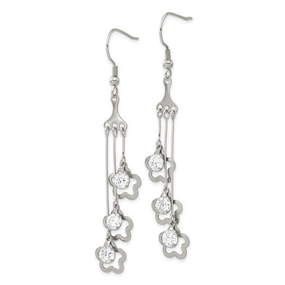 Stainless Steel w/ CZ Flower Dangle Earrings