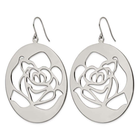 Stainless Steel Polished Rose Cut out Dangle Shepherd Hook Earrings