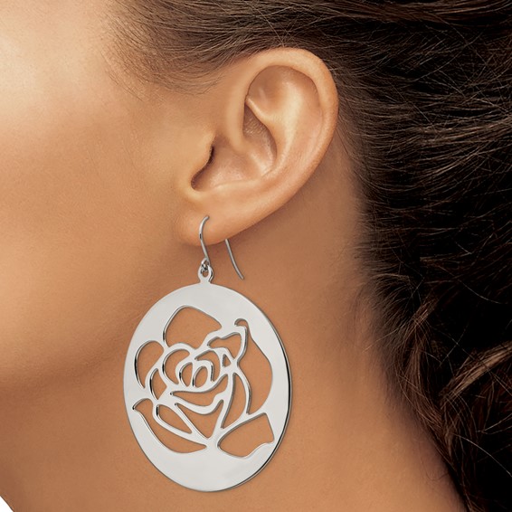 Stainless Steel Polished Rose Cut out Dangle Shepherd Hook Earrings