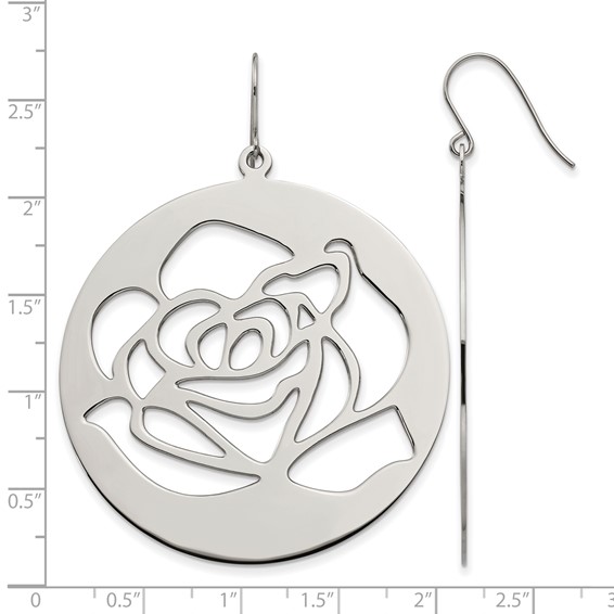 Stainless Steel Polished Rose Cut out Dangle Shepherd Hook Earrings