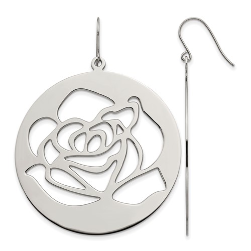 Stainless Steel Polished Rose Cut Out Dangle Shepherd Hook Earrings