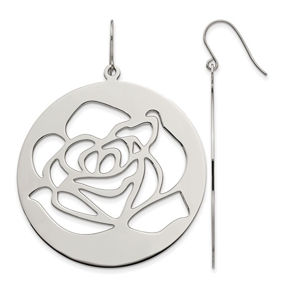 Stainless Steel Polished Rose Cut out Dangle Shepherd Hook Earrings