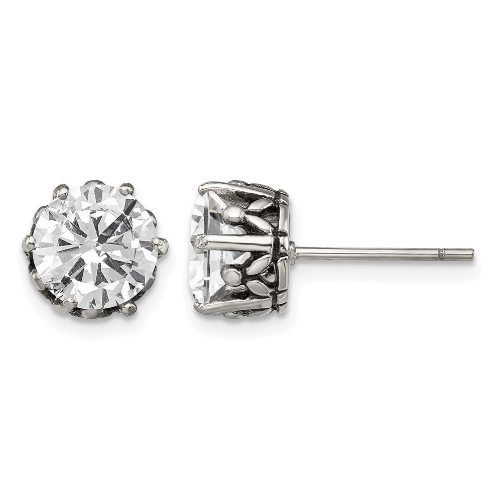 Chisel Stainless Steel Antiqued and Polished Round CZ Post Earrings