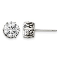 Chisel Stainless Steel Antiqued and Polished Round CZ Post Earrings view 1